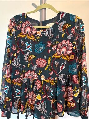 LOFT Black Multicolor Floral Peplum Blouse